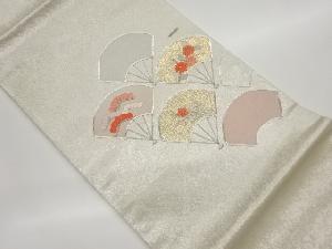 銀駒刺繍扇に松・花々模様開き名古屋帯(額縁仕立て)